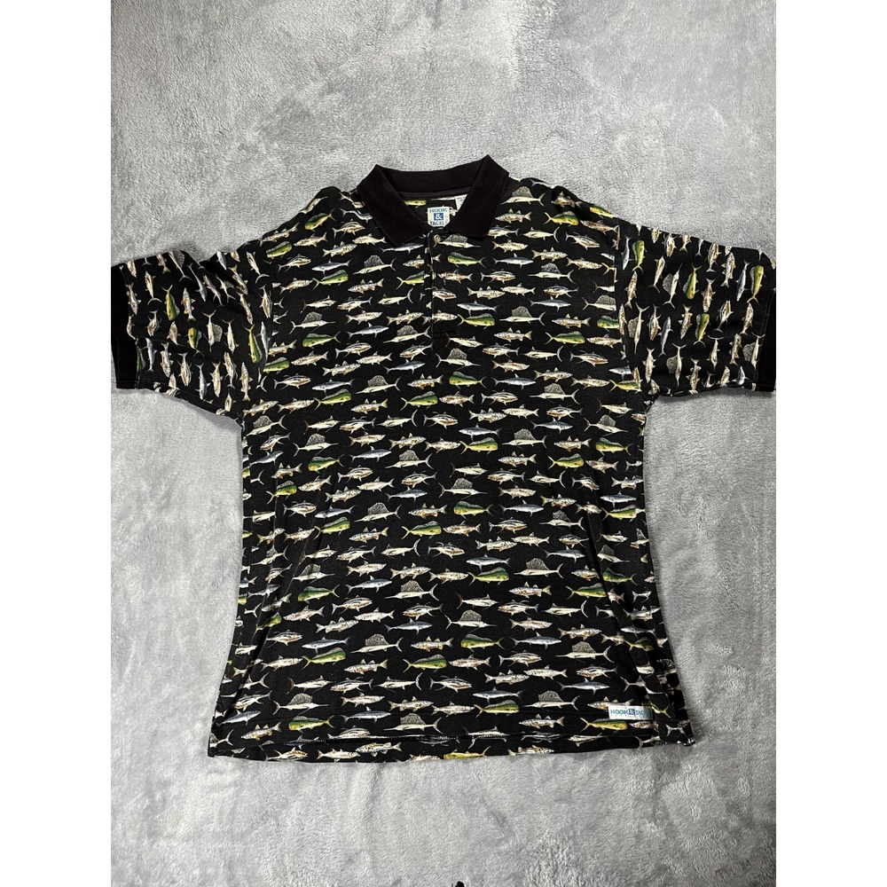 VTG Hook & Tackle Polo Allover Shark Fish Fun Mens Size XL Nautical Lucky Shirt